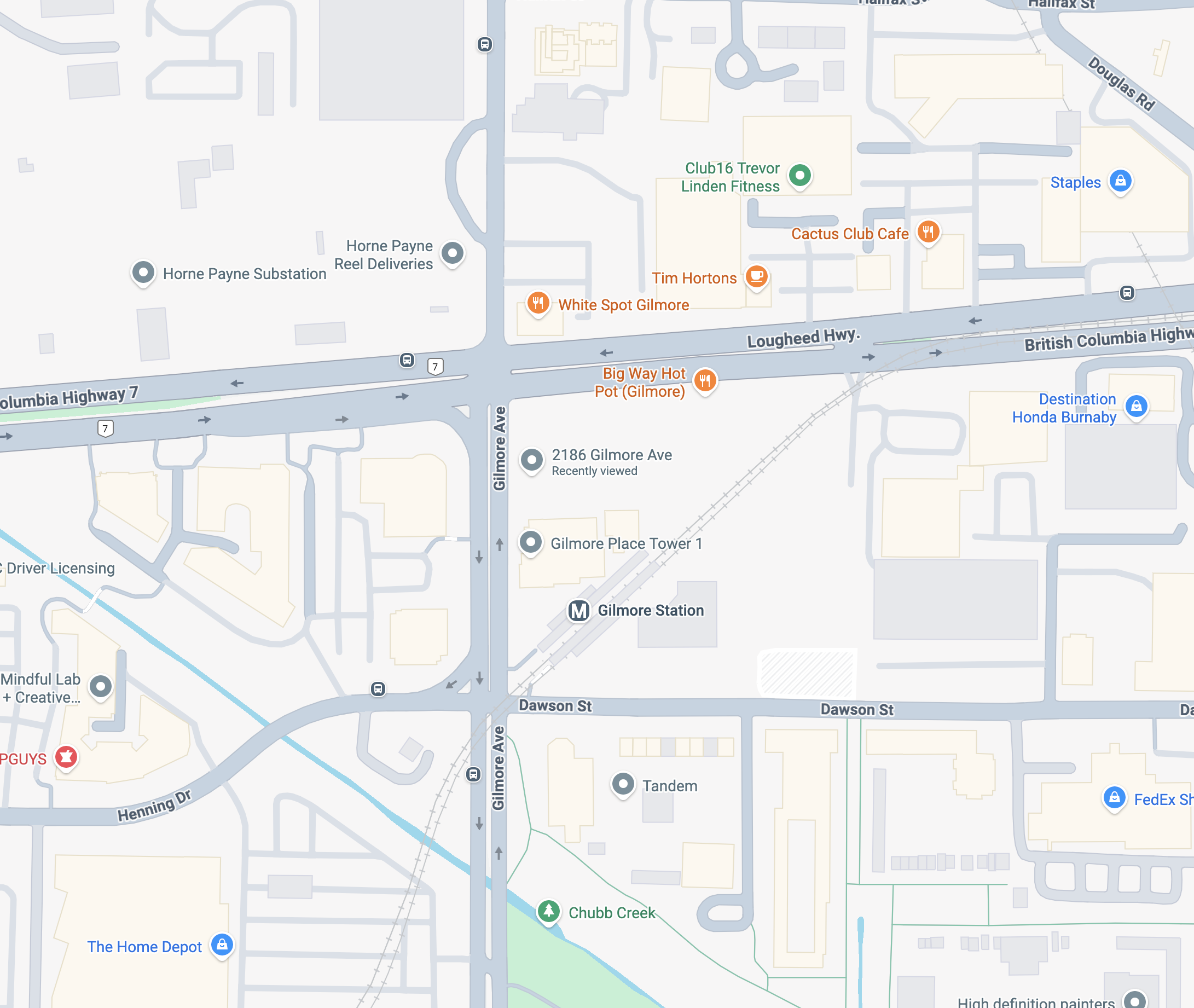 Map showing the Brentwood area near Gilmore.